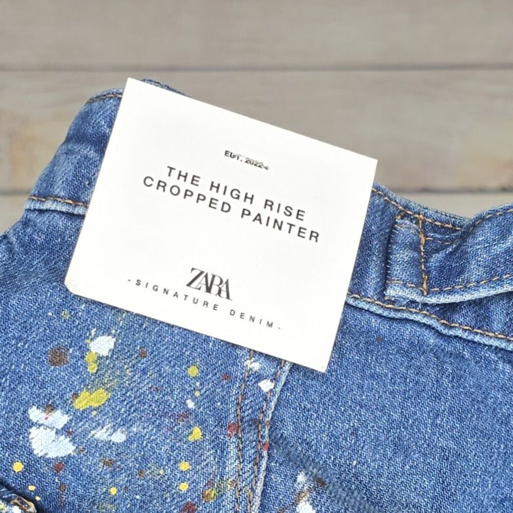 Zara Paint Splatter High Rise Cropped Painter Wide Leg Jeans Size 0 NWT - Picture 10 of 10